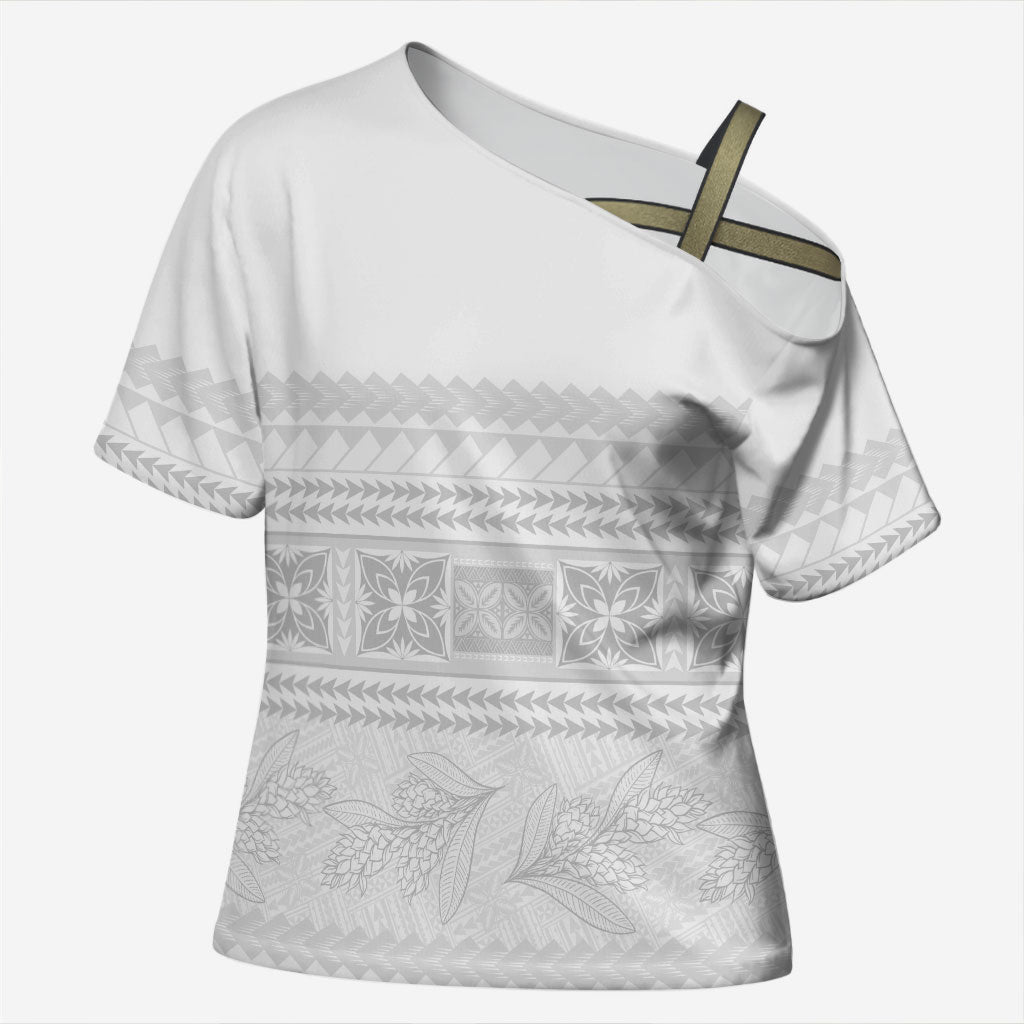 Samoa White Sunday Cross Shoulder Shirt Lotu Tamaiti Samoan Siapo Teuila Flowers LT14 Female White - Polynesian Pride