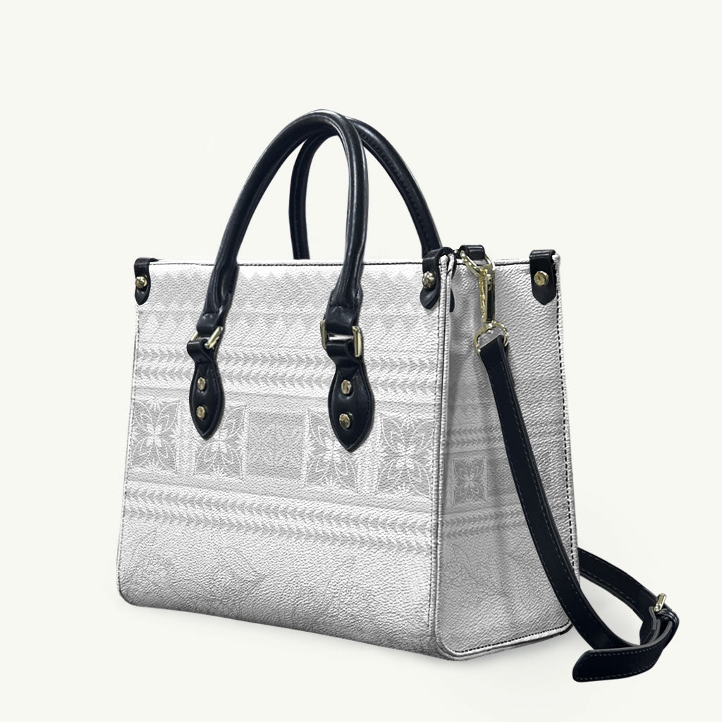 Samoa White Sunday Leather Bag Lotu Tamaiti Samoan Siapo Teuila Flowers LT14 White - Polynesian Pride