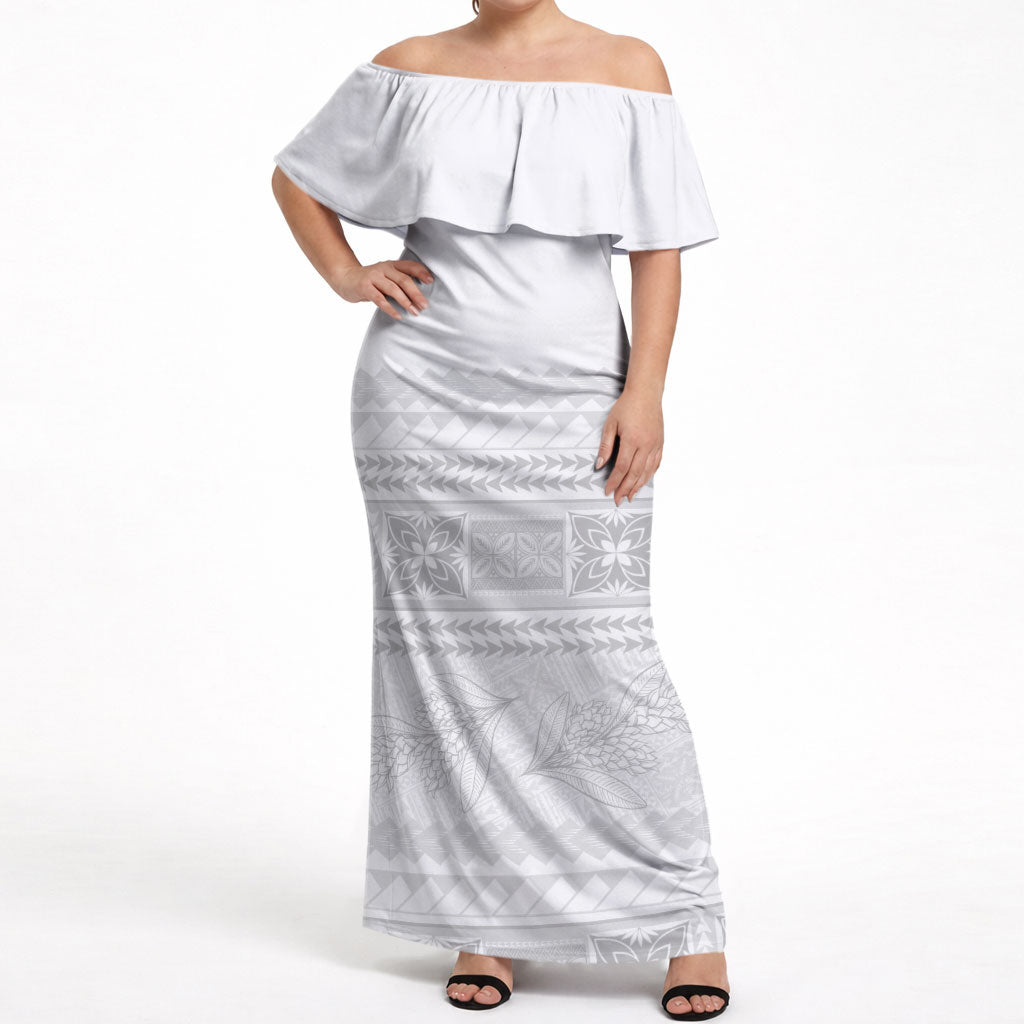 Samoa White Sunday Off Shoulder Maxi Dress Lotu Tamaiti Samoan Siapo Teuila Flowers LT14 Women White - Polynesian Pride