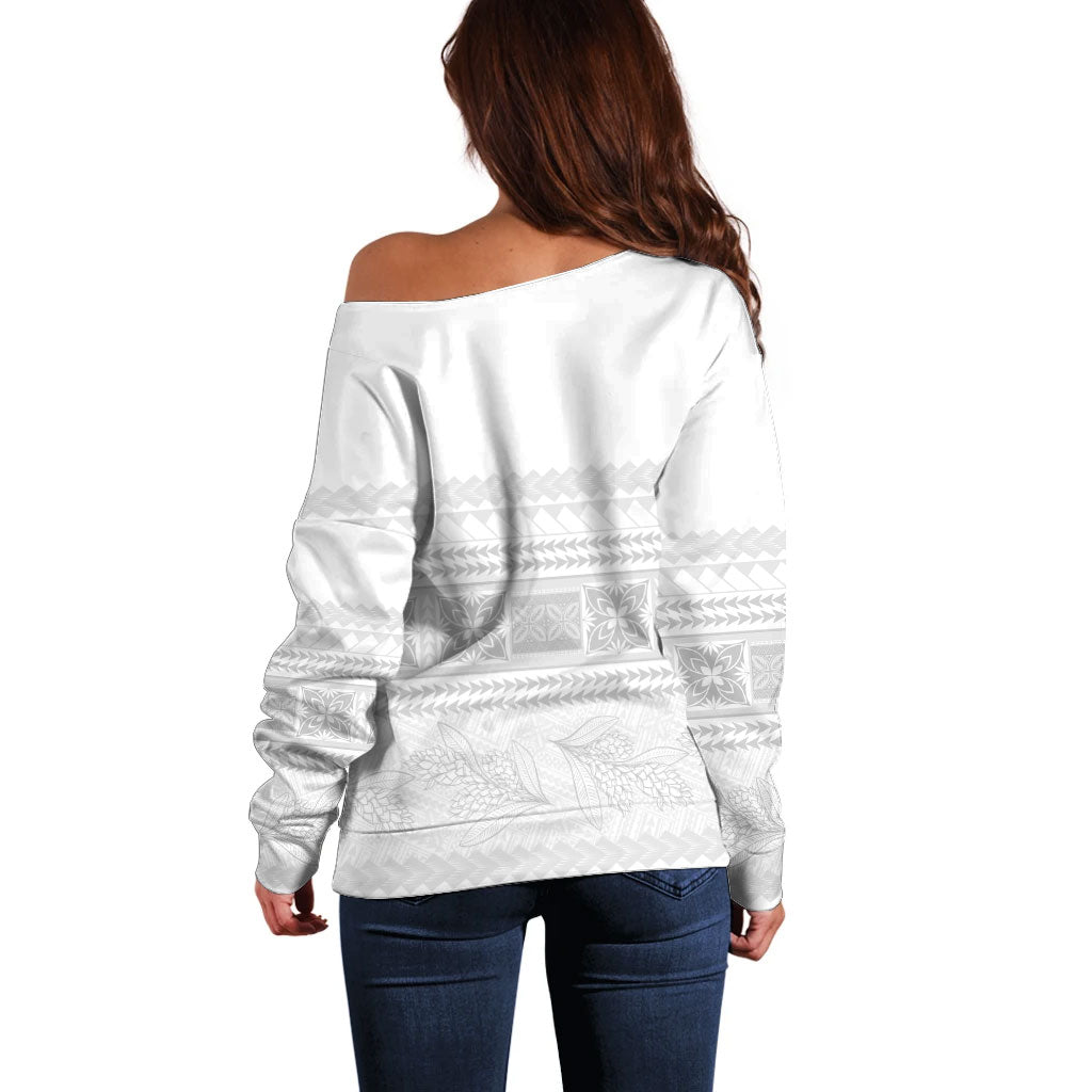 Samoa White Sunday Off Shoulder Sweater Lotu Tamaiti Samoan Siapo Teuila Flowers LT14 - Polynesian Pride