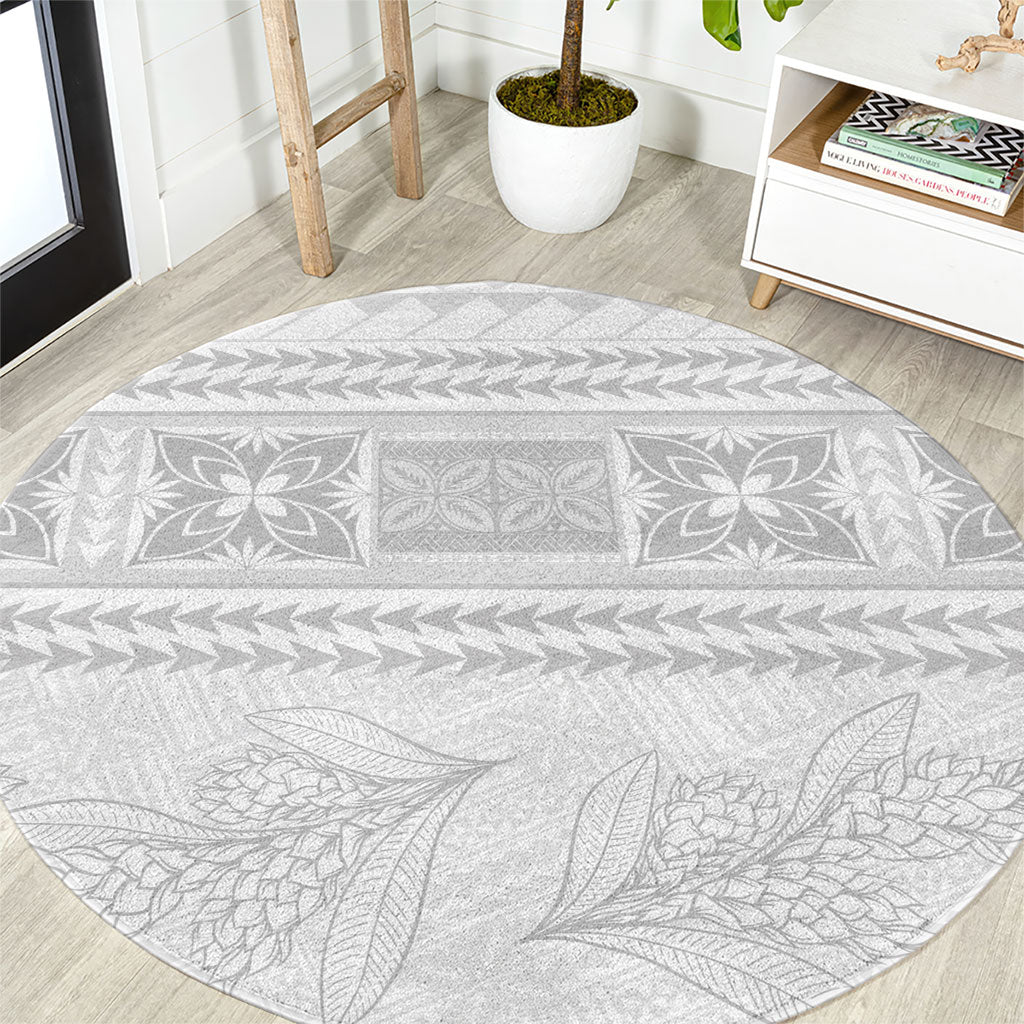 Samoa White Sunday Round Carpet Lotu Tamaiti Samoan Siapo Teuila Flowers LT14 White - Polynesian Pride