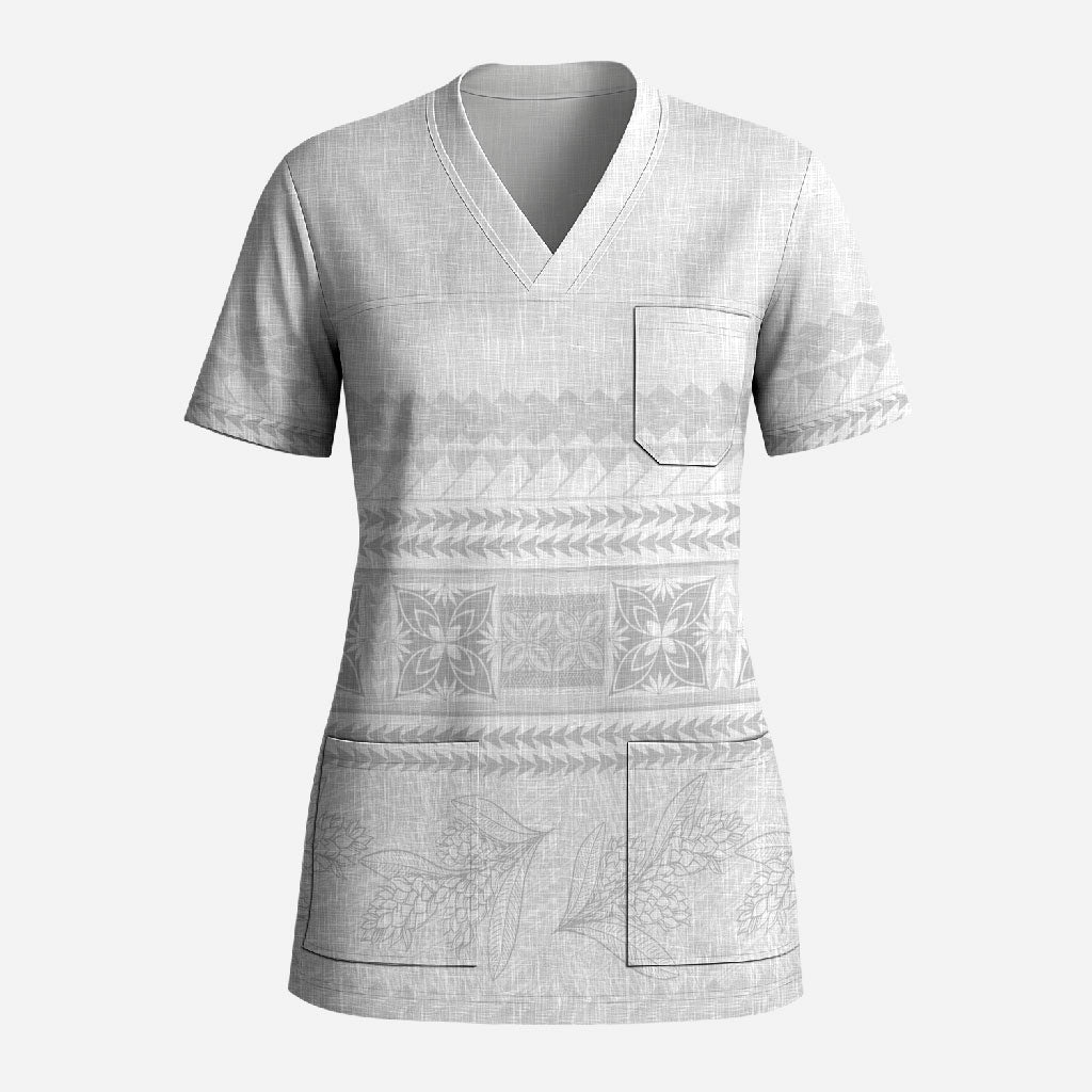 Samoa White Sunday Scrub Top Lotu Tamaiti Samoan Siapo Teuila Flowers LT14 Adult White - Polynesian Pride