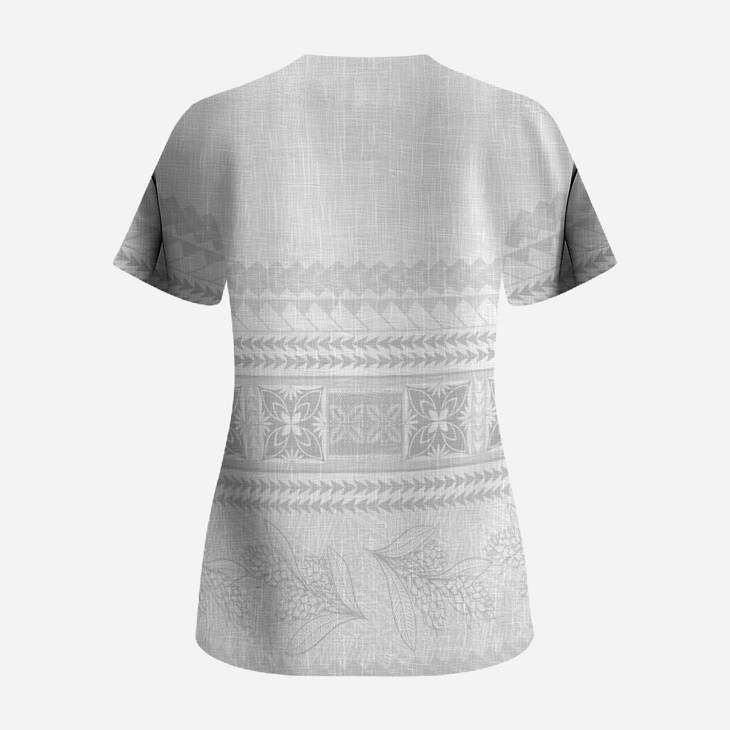 Samoa White Sunday Scrub Top Lotu Tamaiti Samoan Siapo Teuila Flowers LT14 - Polynesian Pride
