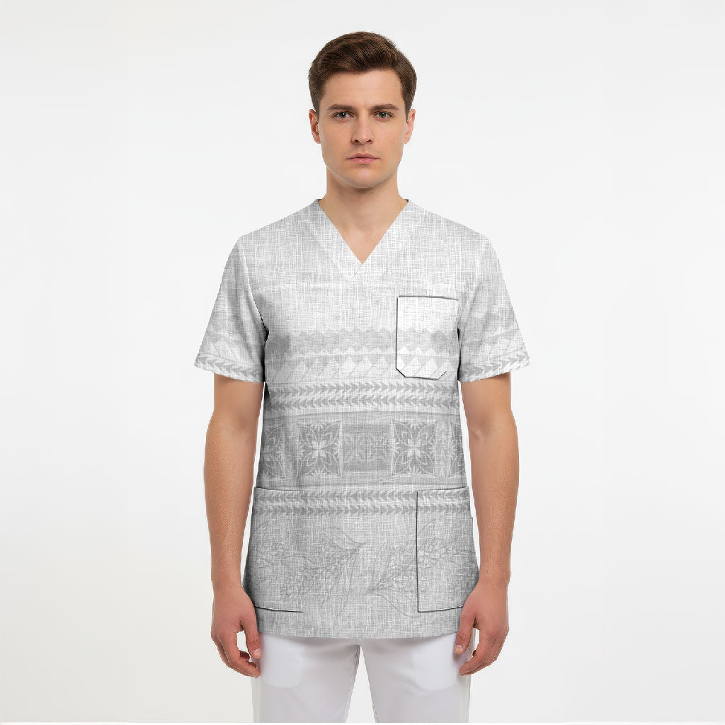 Samoa White Sunday Scrub Top Lotu Tamaiti Samoan Siapo Teuila Flowers LT14 - Polynesian Pride
