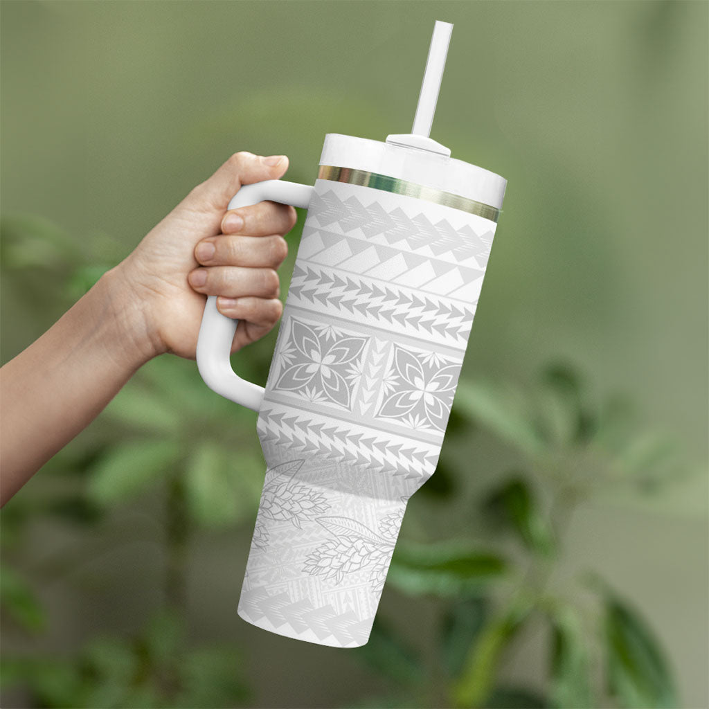 Samoa White Sunday Tumbler With Handle Lotu Tamaiti Samoan Siapo Teuila Flowers LT14 - Polynesian Pride