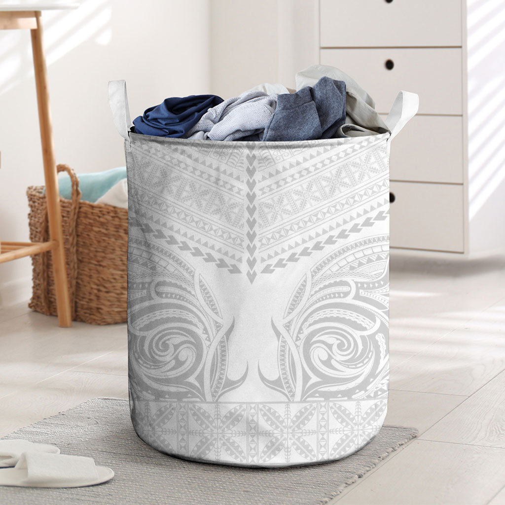 Niue White Sunday Laundry Basket Aho Tapu Fanau Hiapo Pattern LT14 White - Polynesian Pride