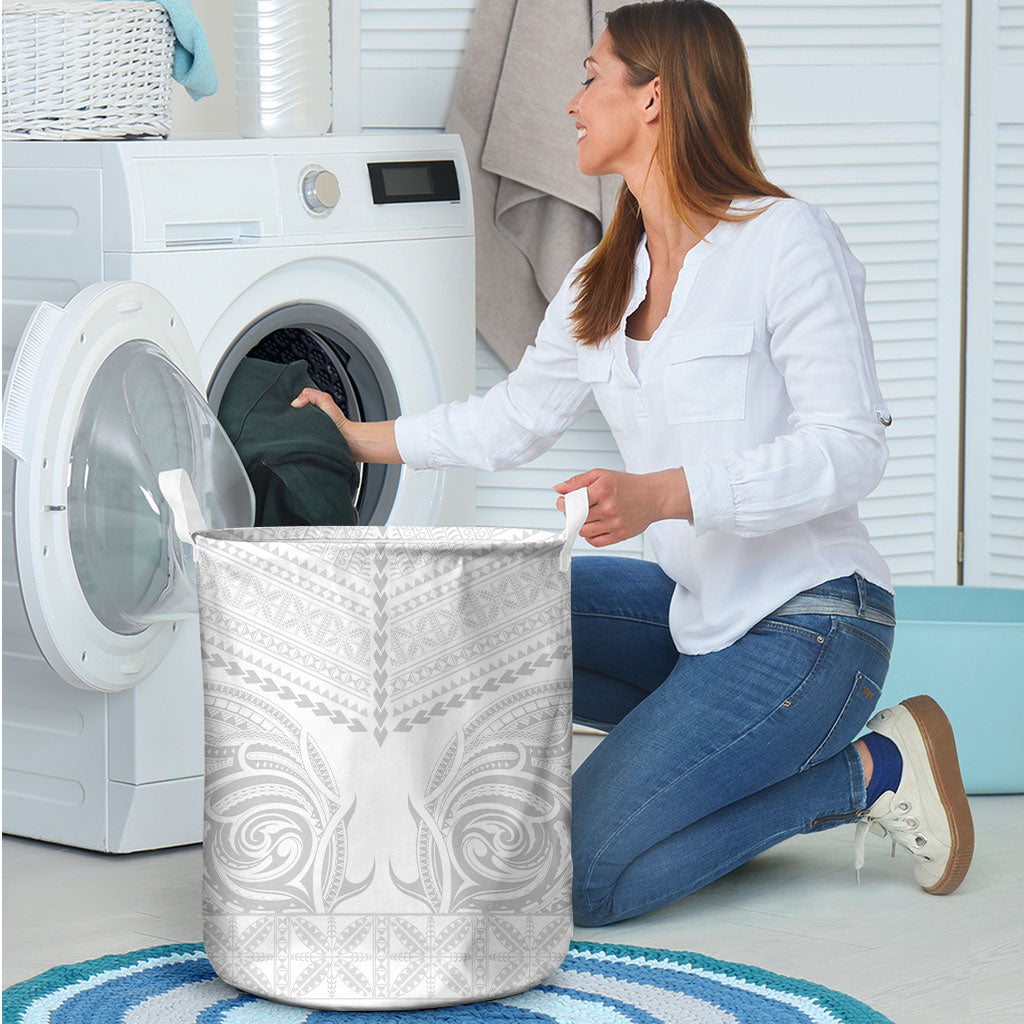 Niue White Sunday Laundry Basket Aho Tapu Fanau Hiapo Pattern LT14 - Polynesian Pride