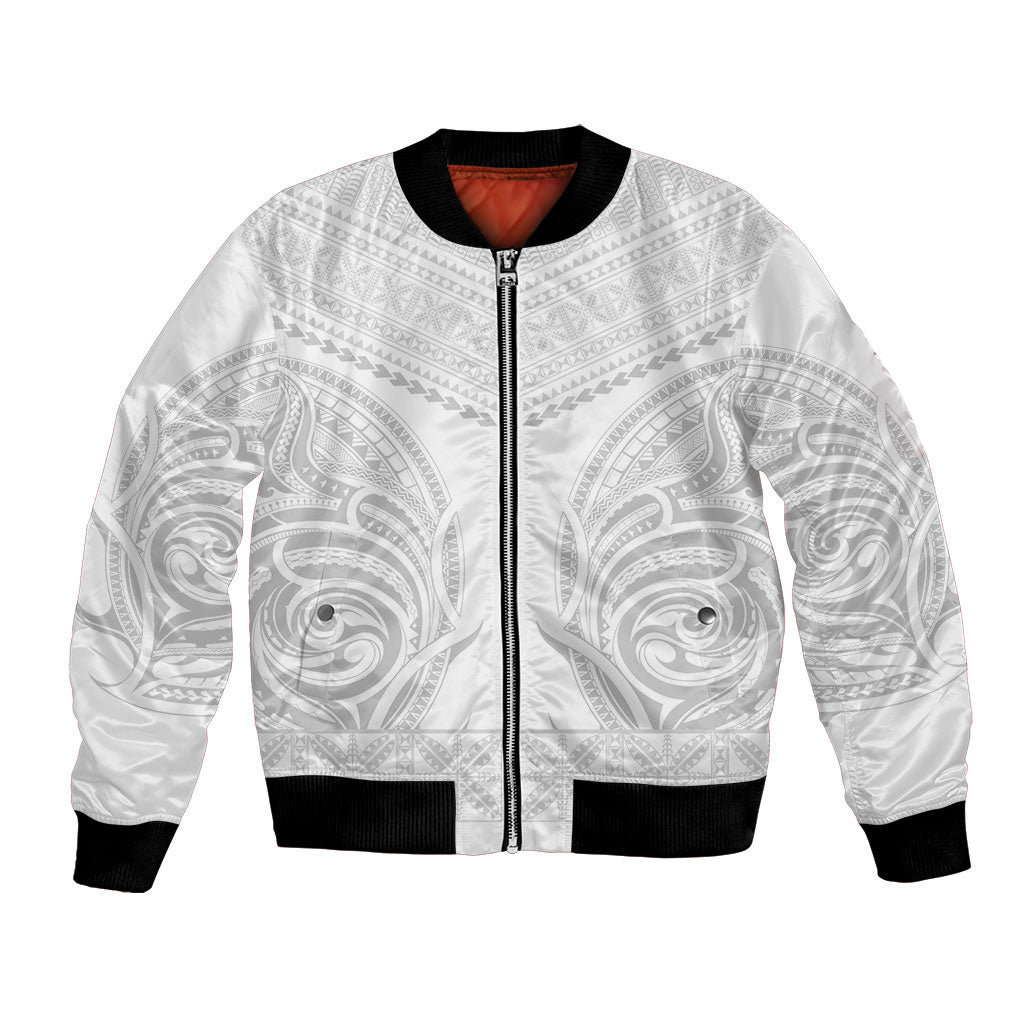 Niue White Sunday Bomber Jacket Aho Tapu Fanau Hiapo Pattern LT14 Unisex White - Polynesian Pride