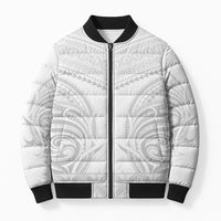 Niue White Sunday Bomber Puffer Jacket Aho Tapu Fanau Hiapo Pattern LT14 Unisex White - Polynesian Pride