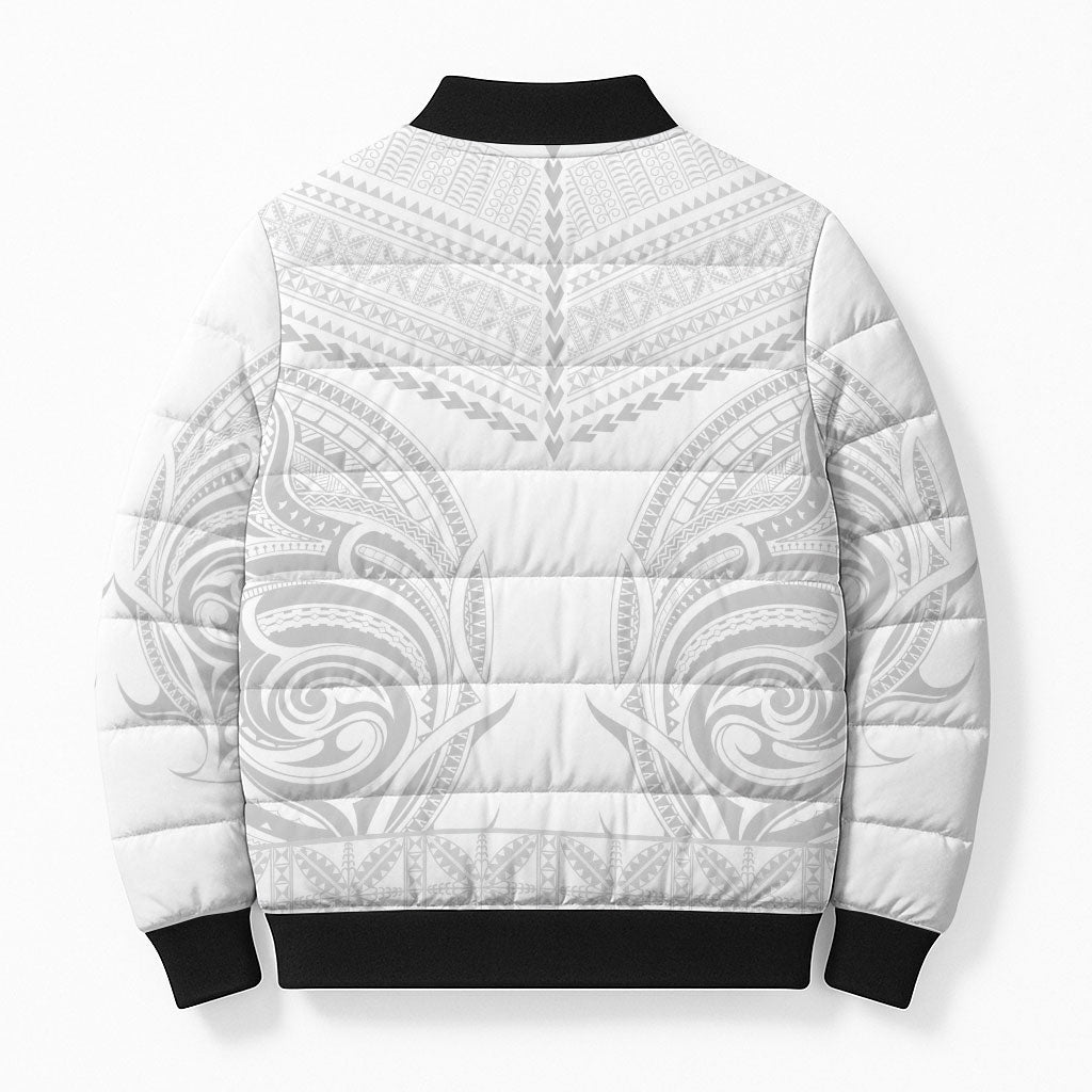 Niue White Sunday Bomber Puffer Jacket Aho Tapu Fanau Hiapo Pattern LT14 - Polynesian Pride