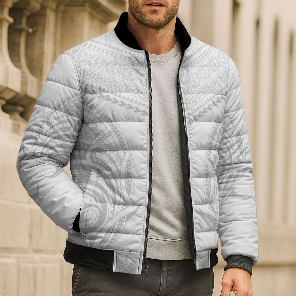 Niue White Sunday Bomber Puffer Jacket Aho Tapu Fanau Hiapo Pattern LT14 - Polynesian Pride