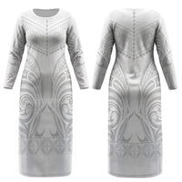 Niue White Sunday Couples Matching Long Sleeve Bodycon Dress and Long Sleeve Button Shirt Aho Tapu Fanau Hiapo Pattern LT14 - Polynesian Pride