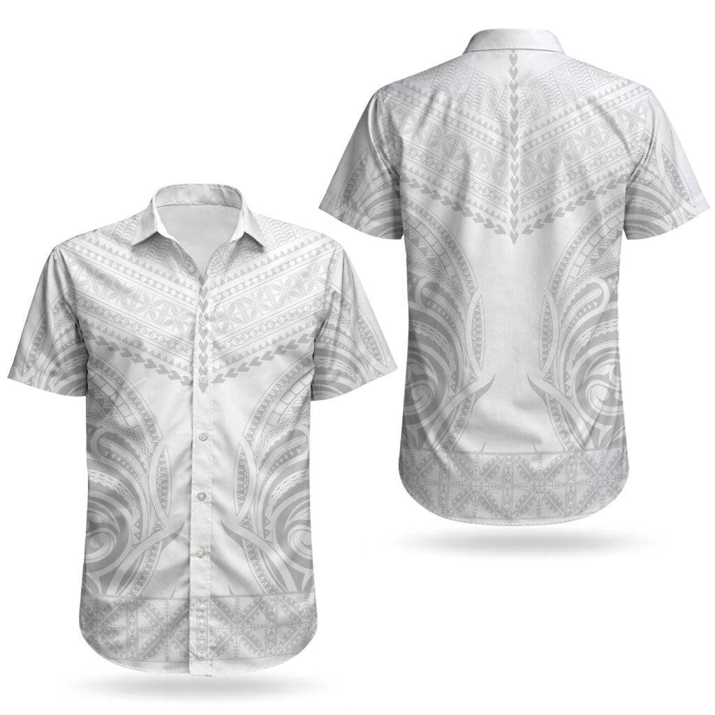Niue White Sunday Couples Matching Off Shoulder Short Dress and Hawaiian Shirt Aho Tapu Fanau Hiapo Pattern LT14 - Polynesian Pride