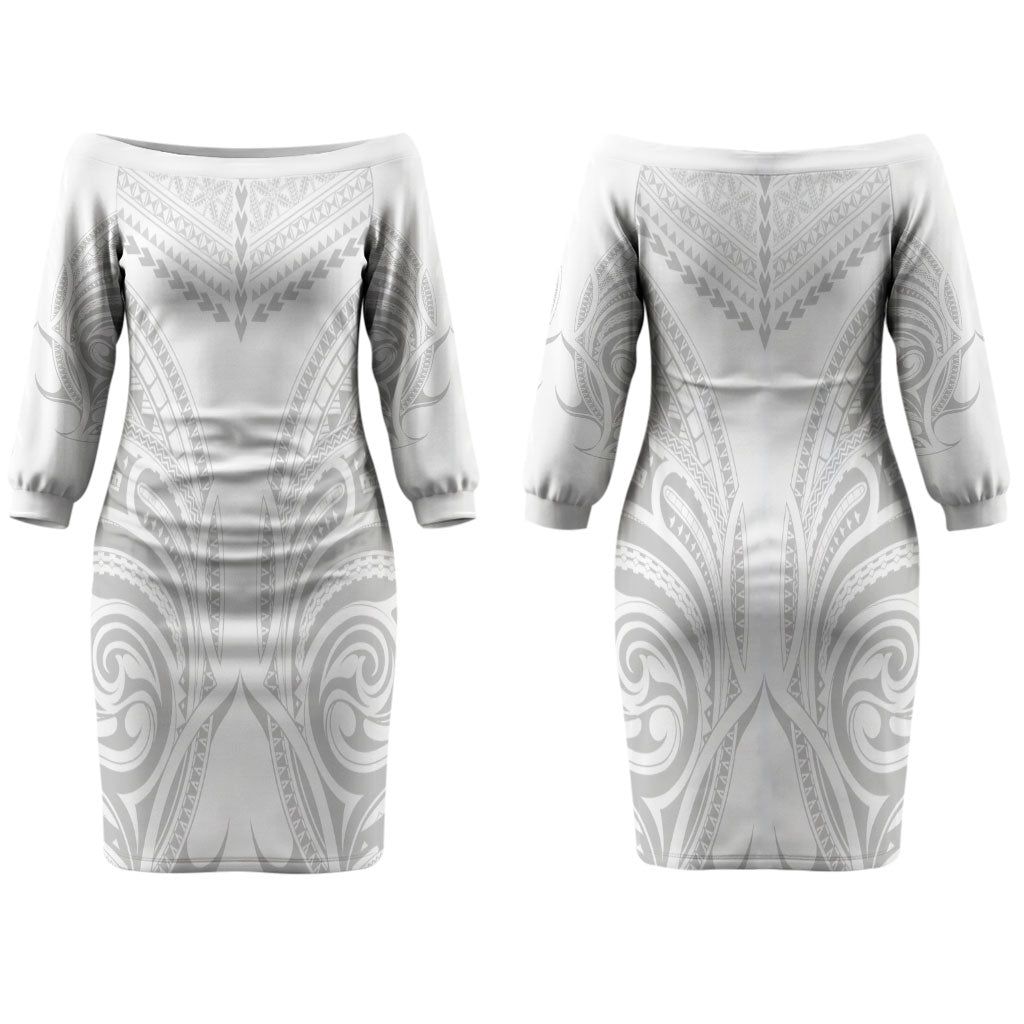 Niue White Sunday Couples Matching Off The Shoulder Long Sleeve Dress and Long Sleeve Button Shirt Aho Tapu Fanau Hiapo Pattern LT14 - Polynesian Pride