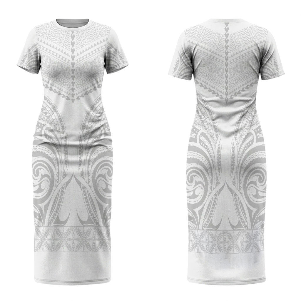 Niue White Sunday Couples Matching Short Sleeve Bodycon Dress and Long Sleeve Button Shirt Aho Tapu Fanau Hiapo Pattern LT14 - Polynesian Pride