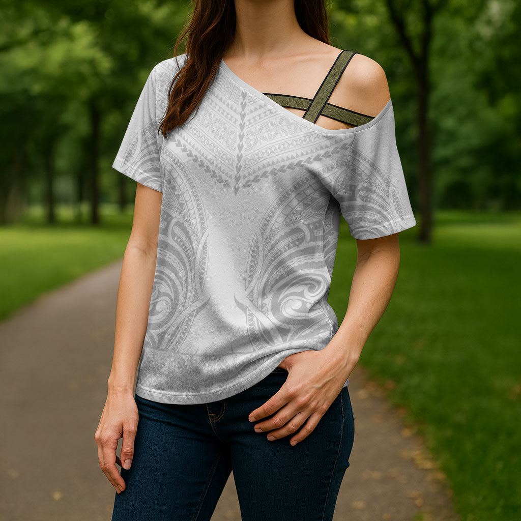 Niue White Sunday Cross Shoulder Shirt Aho Tapu Fanau Hiapo Pattern LT14 - Polynesian Pride
