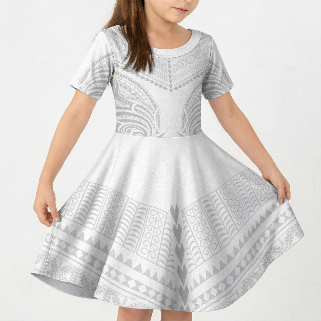 Niue White Sunday Kid Short Sleeve Dress Aho Tapu Fanau Hiapo Pattern LT14 KID White - Polynesian Pride