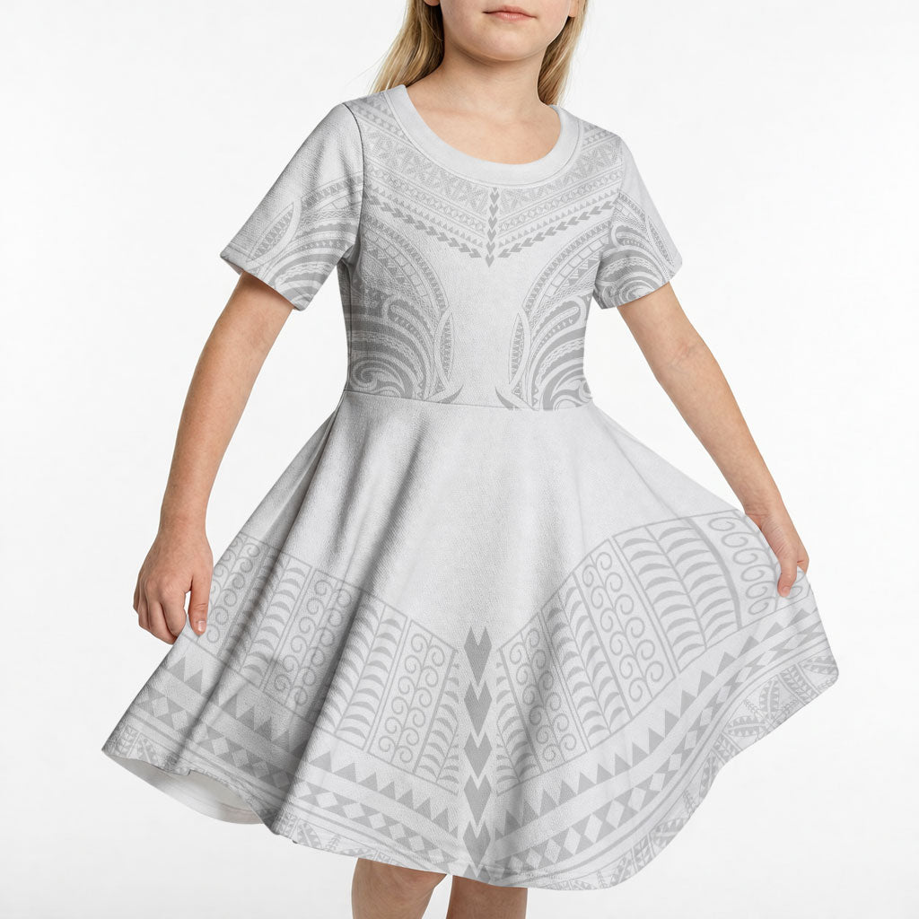 Niue White Sunday Kid Short Sleeve Dress Aho Tapu Fanau Hiapo Pattern LT14 - Polynesian Pride