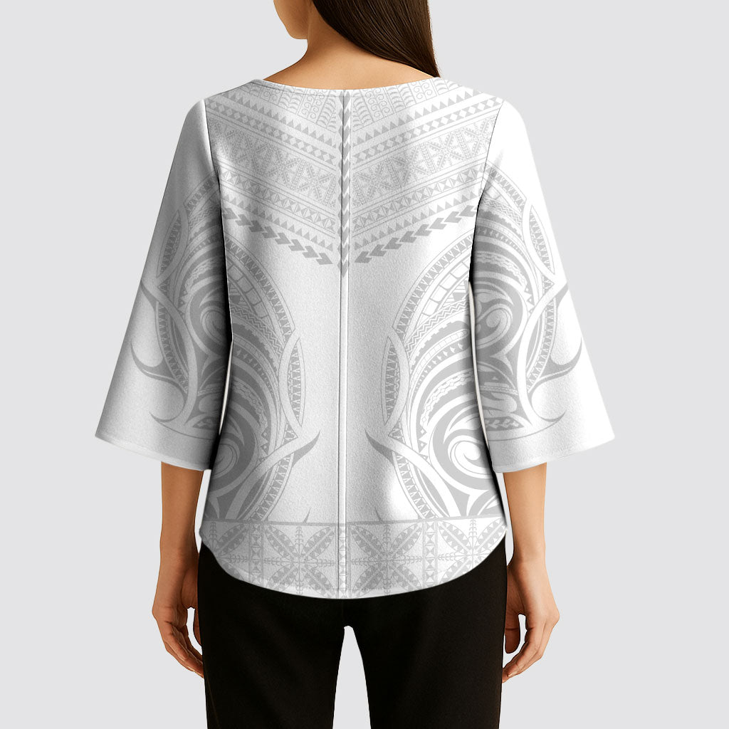 Niue White Sunday Kimono Sleeve Blouse Aho Tapu Fanau Hiapo Pattern LT14 - Polynesian Pride