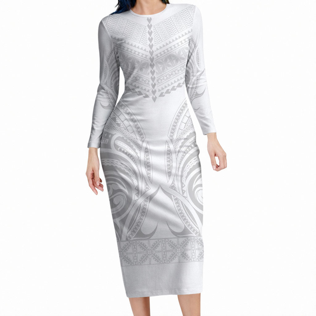 Niue White Sunday Long Sleeve Bodycon Dress Aho Tapu Fanau Hiapo Pattern LT14 Long Dress White - Polynesian Pride