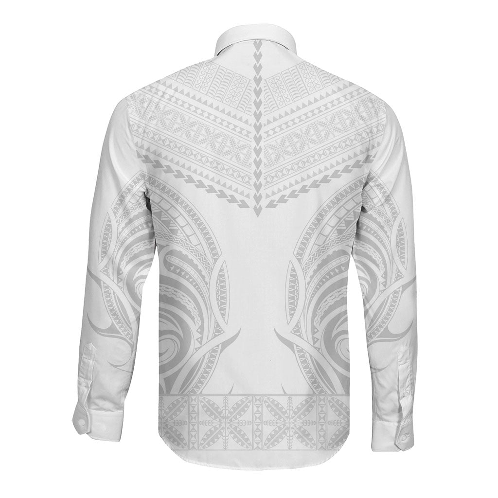 Niue White Sunday Long Sleeve Button Shirt Aho Tapu Fanau Hiapo Pattern LT14 - Polynesian Pride