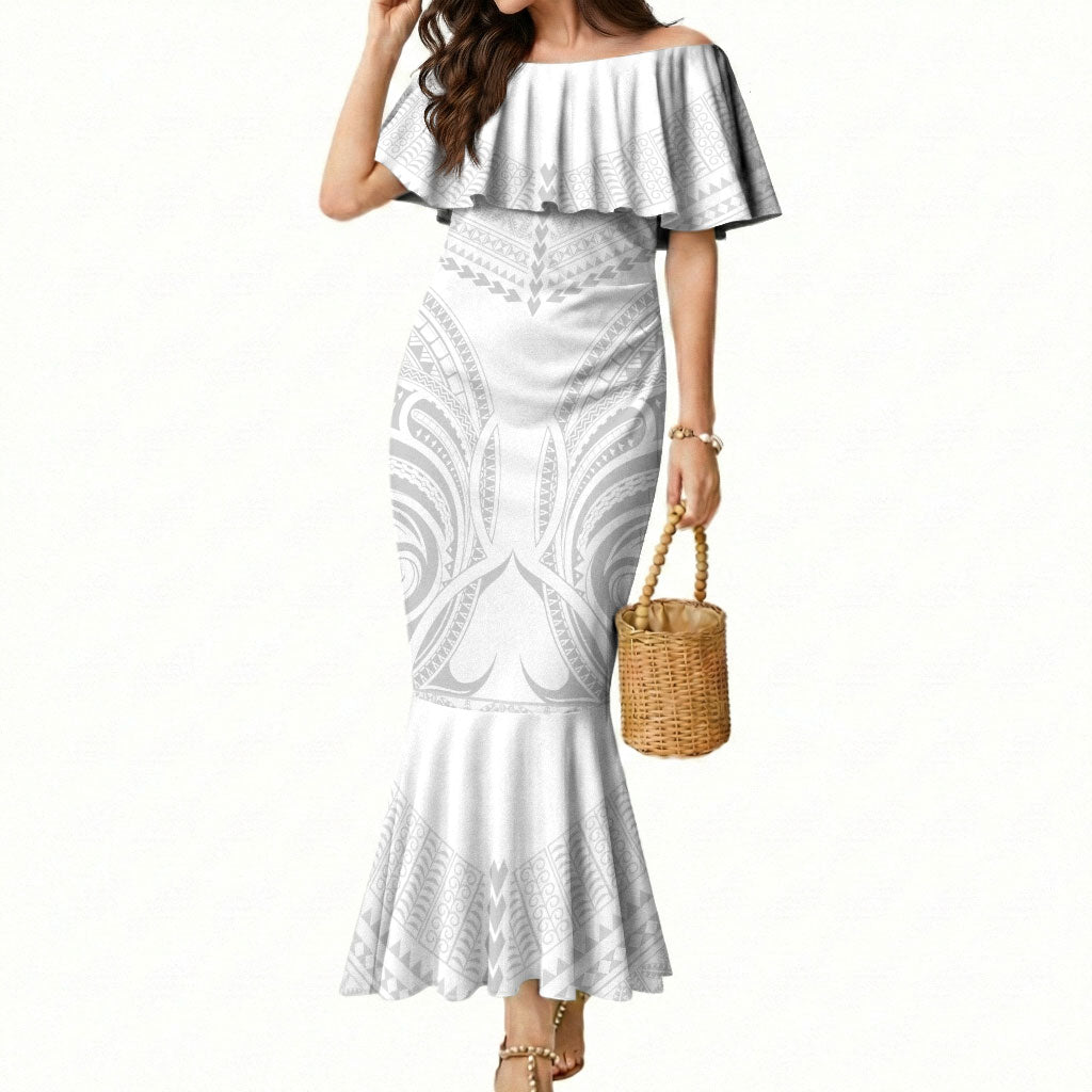 Niue White Sunday Mermaid Dress Aho Tapu Fanau Hiapo Pattern LT14 Women White - Polynesian Pride