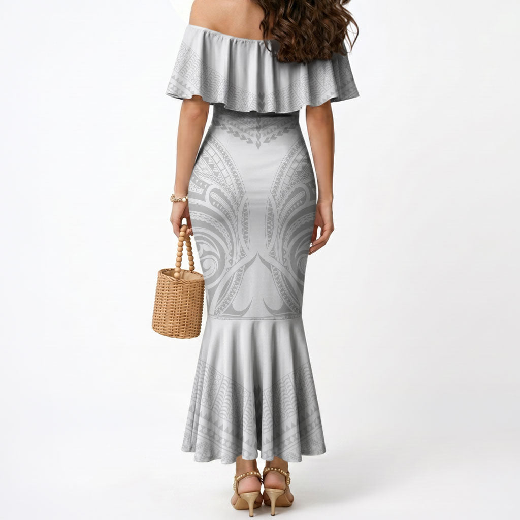 Niue White Sunday Mermaid Dress Aho Tapu Fanau Hiapo Pattern LT14 - Polynesian Pride