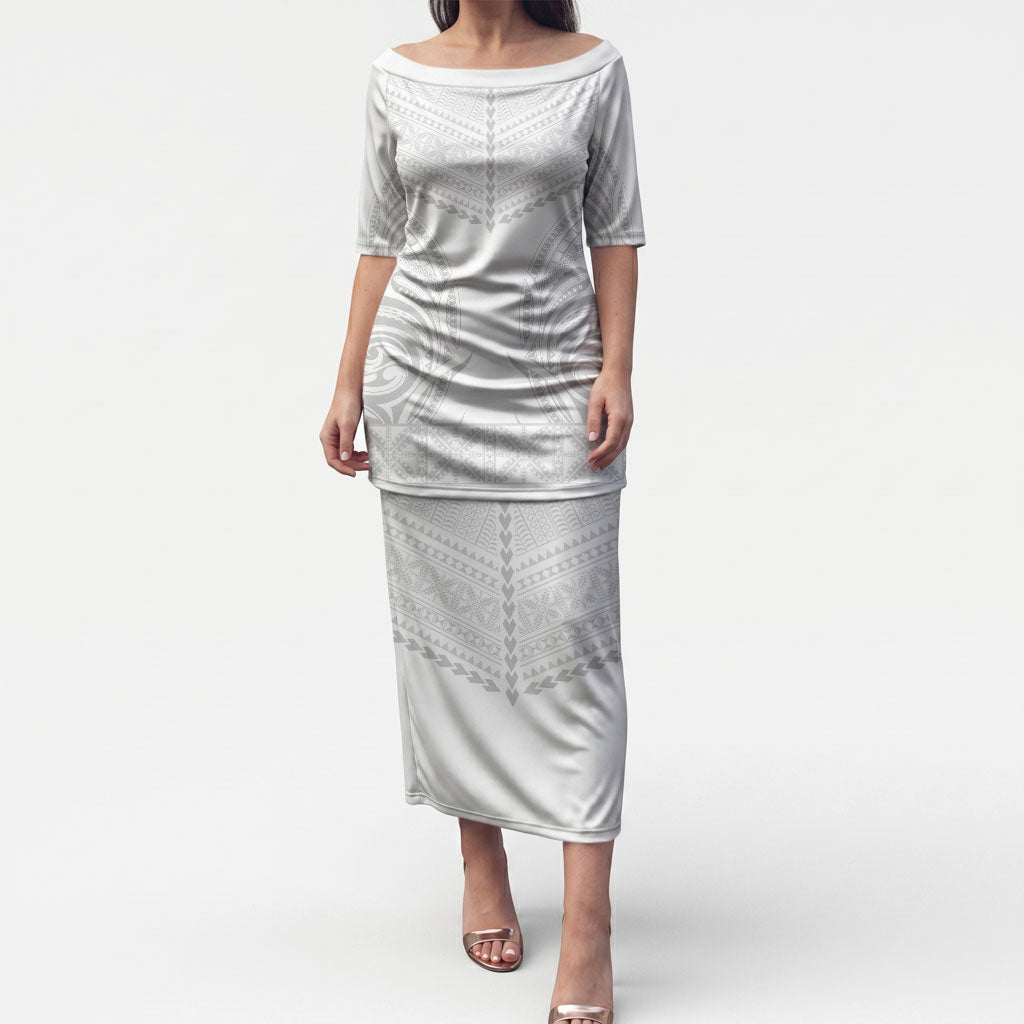 Niue White Sunday Puletasi Aho Tapu Fanau Hiapo Pattern LT14 Long Dress White - Polynesian Pride