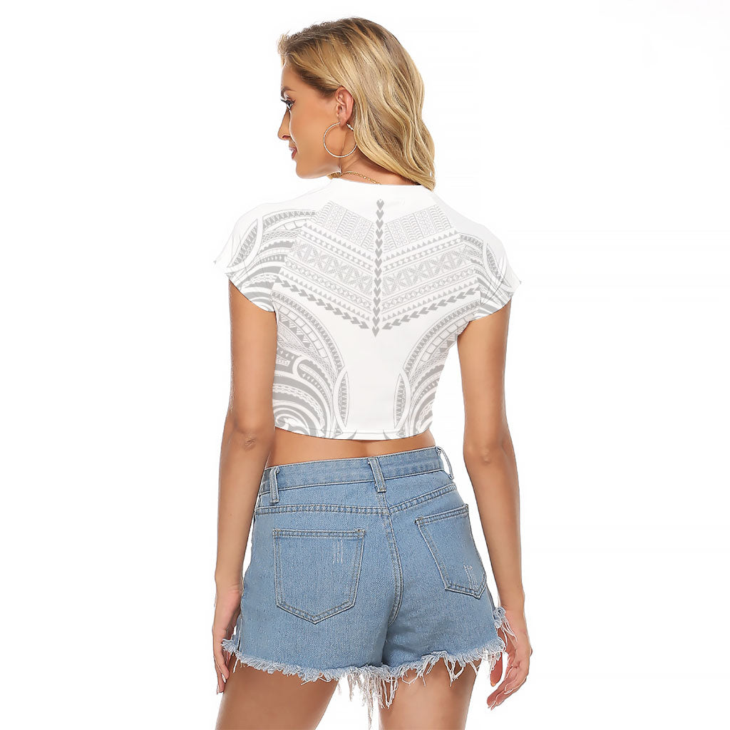 Niue White Sunday Raglan Cropped T Shirt Aho Tapu Fanau Hiapo Pattern LT14 - Polynesian Pride