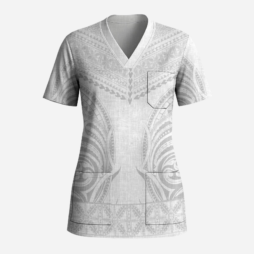 Niue White Sunday Scrub Top Aho Tapu Fanau Hiapo Pattern LT14 Adult White - Polynesian Pride