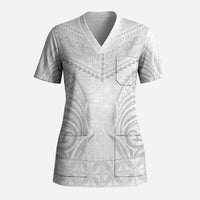 Niue White Sunday Scrub Top Aho Tapu Fanau Hiapo Pattern LT14 Adult White - Polynesian Pride