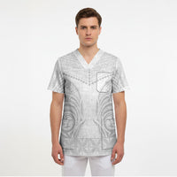 Niue White Sunday Scrub Top Aho Tapu Fanau Hiapo Pattern LT14 - Polynesian Pride