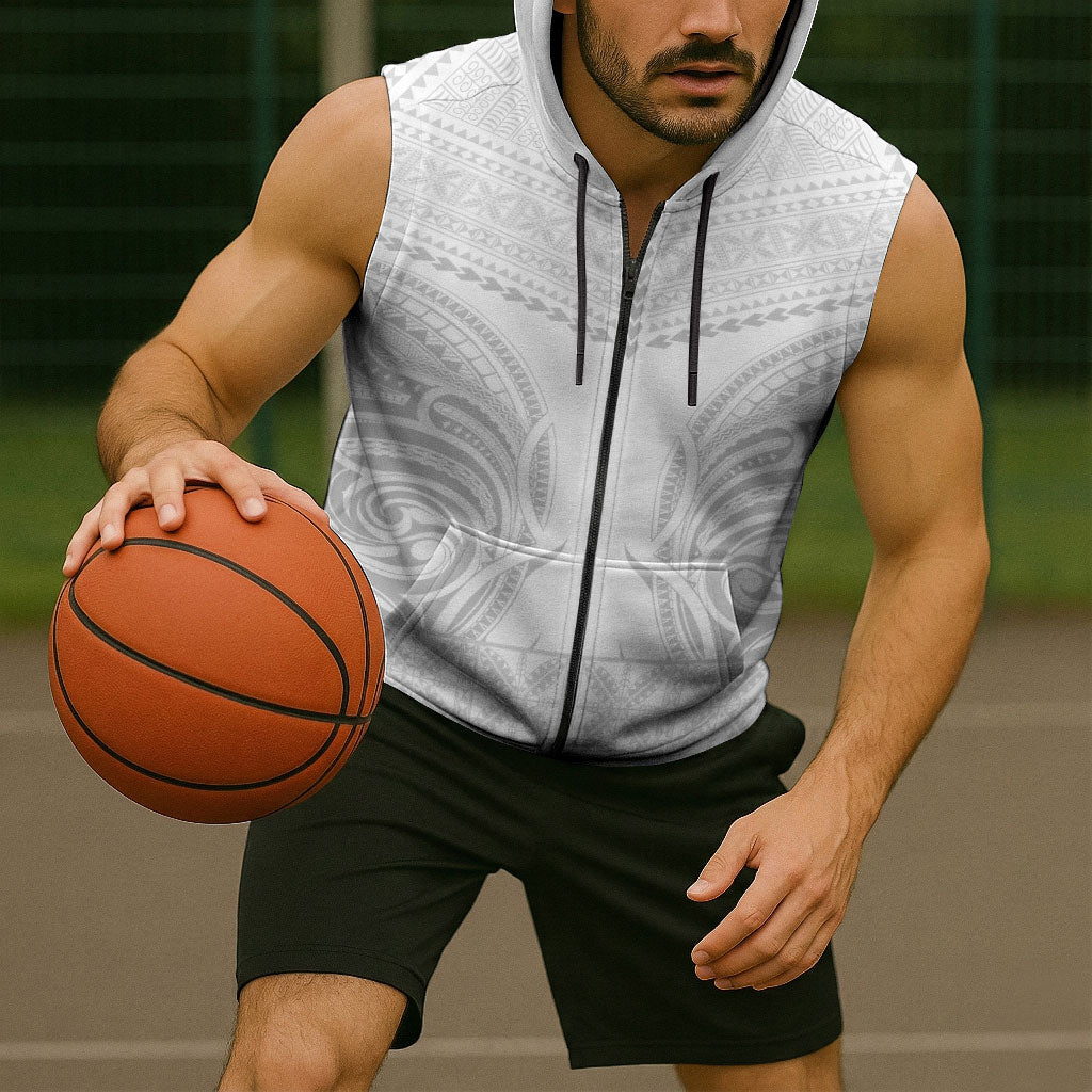Niue White Sunday Sleeveless Zip Hoodie Aho Tapu Fanau Hiapo Pattern LT14 - Polynesian Pride