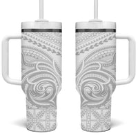 Niue White Sunday Tumbler With Handle Aho Tapu Fanau Hiapo Pattern LT14 One Size: 40 oz White - Polynesian Pride
