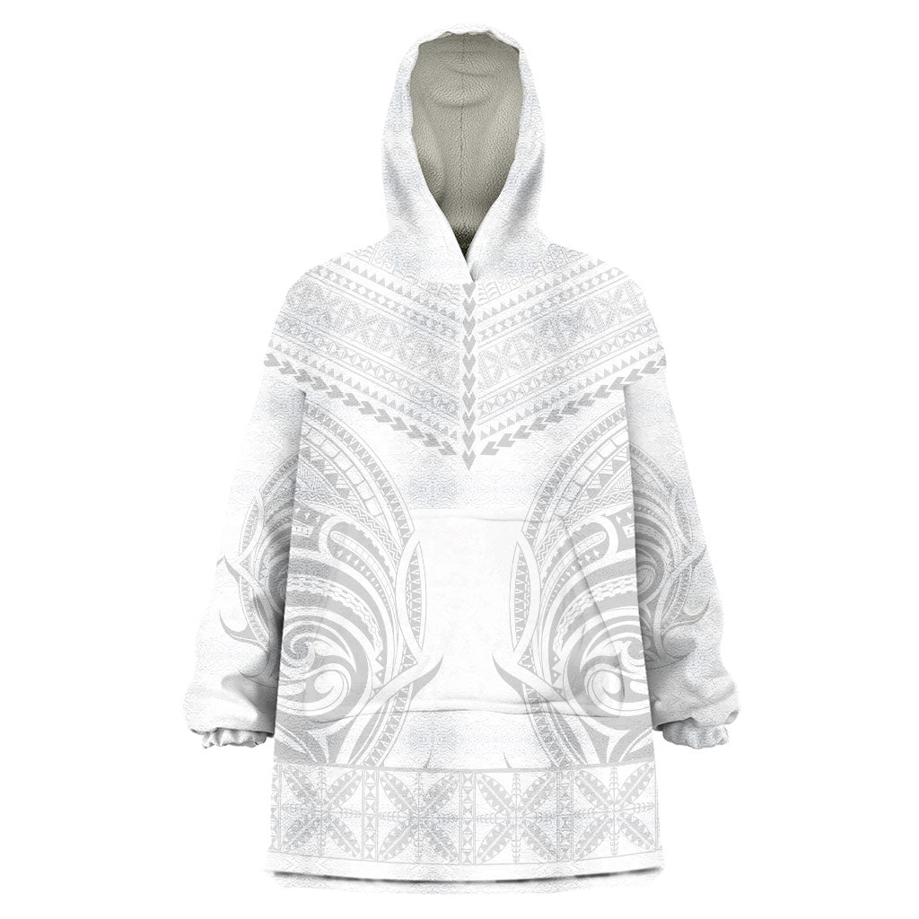 Niue White Sunday Wearable Blanket Hoodie Aho Tapu Fanau Hiapo Pattern LT14 One Size White - Polynesian Pride