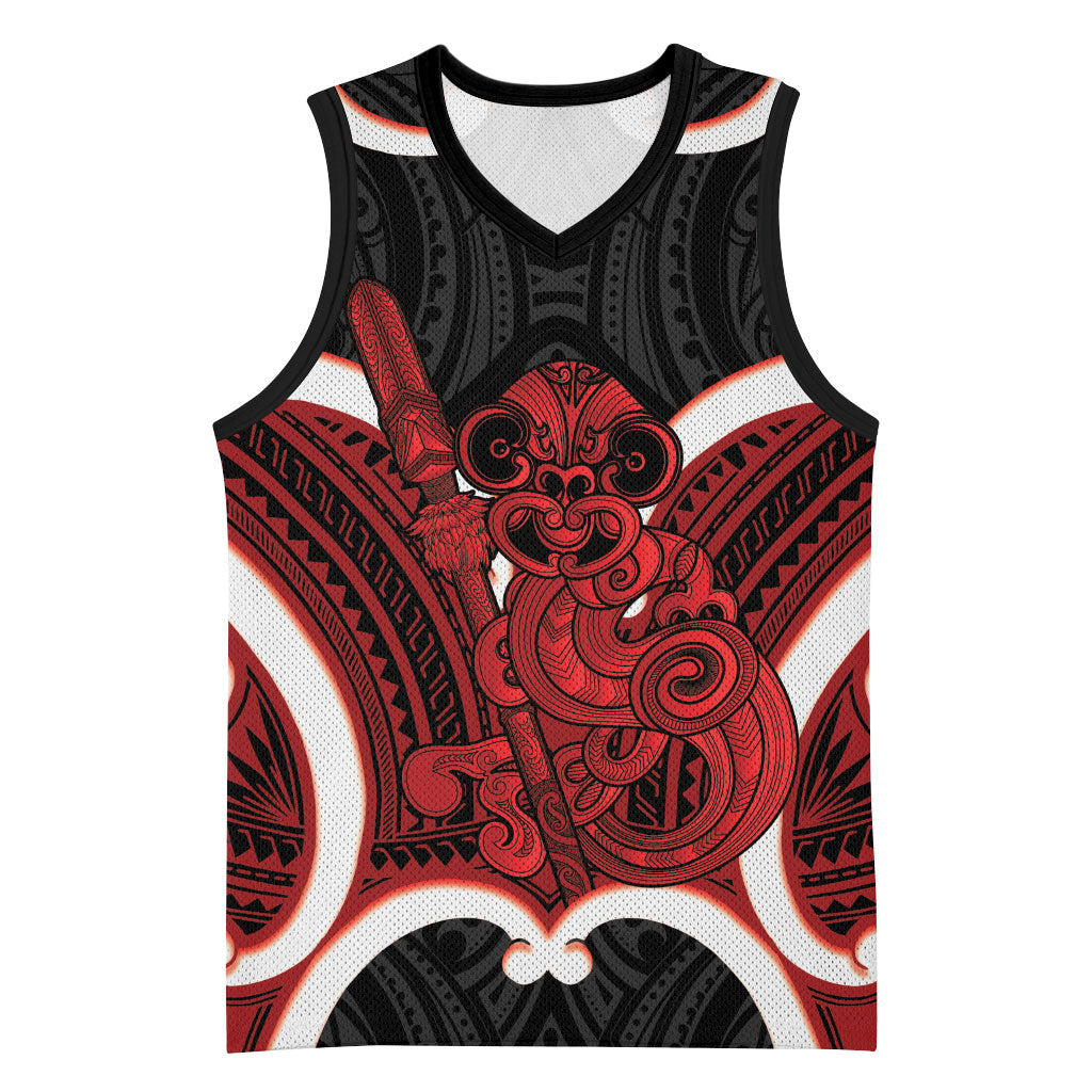 Whero Aotearoa Atua Tumatauenga Personalised Basketball Jersey Maori God Of War Tiki With Taiaha LT14 Unisex Red - Polynesian Pride