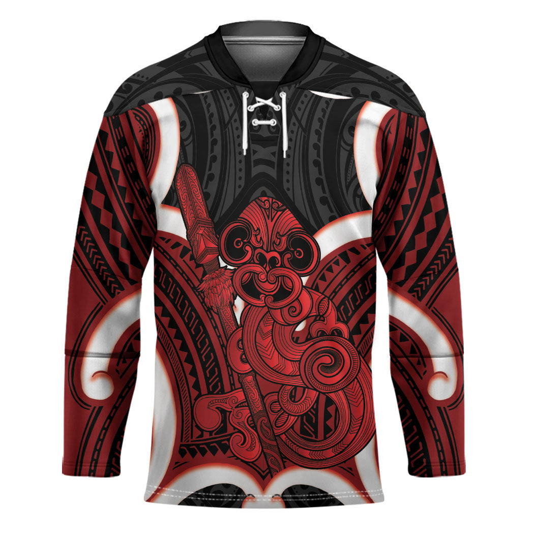 Whero Aotearoa Atua Tumatauenga Personalised Hockey Jersey Maori God Of War Tiki With Taiaha LT14 Unisex Red - Polynesian Pride