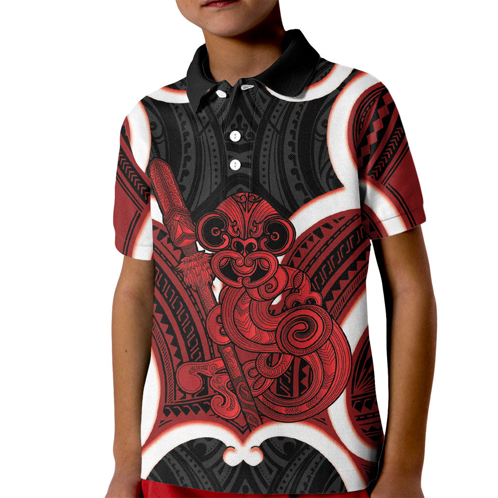 Whero Aotearoa Atua Tumatauenga Personalised Kid Polo Shirt Maori God Of War Tiki With Taiaha LT14 Kid Red - Polynesian Pride