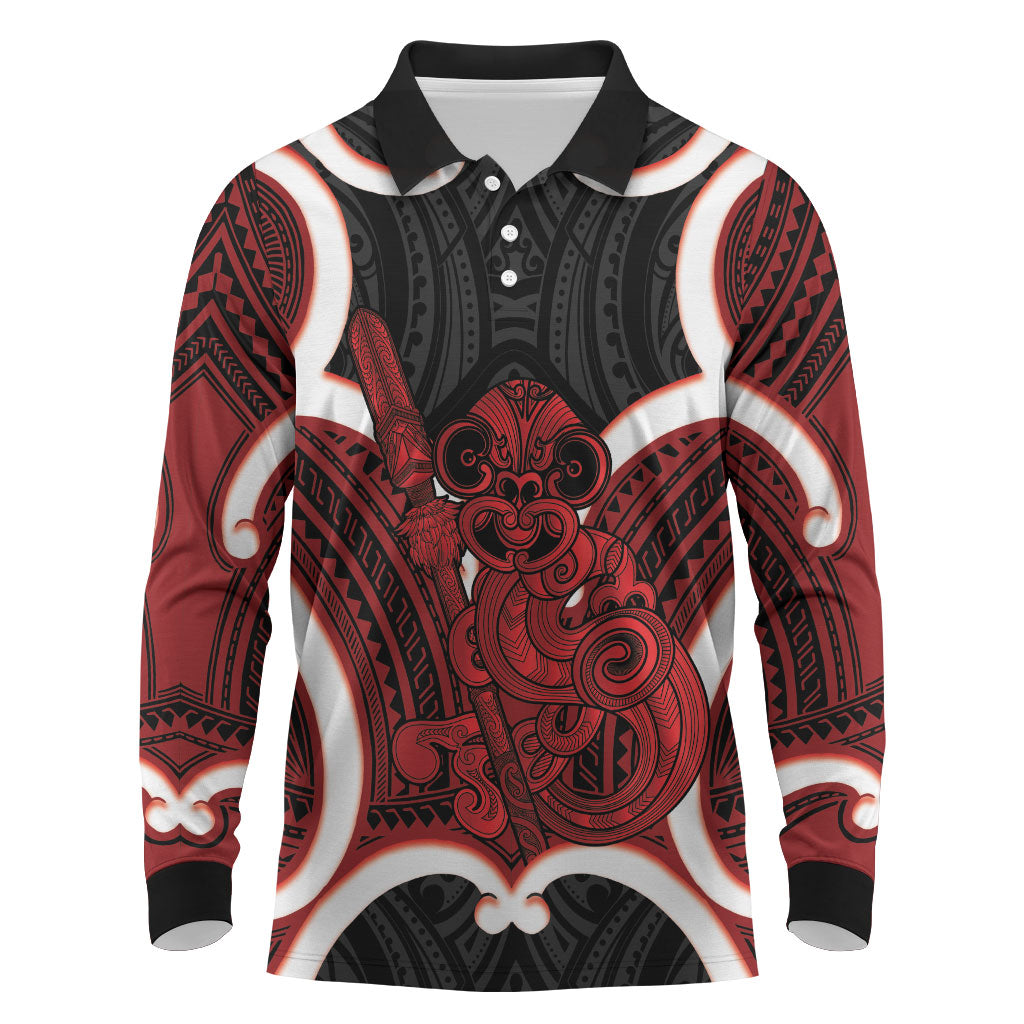 Whero Aotearoa Atua Tumatauenga Personalised Long Sleeve Polo Shirt Maori God Of War Tiki With Taiaha LT14 Red - Polynesian Pride