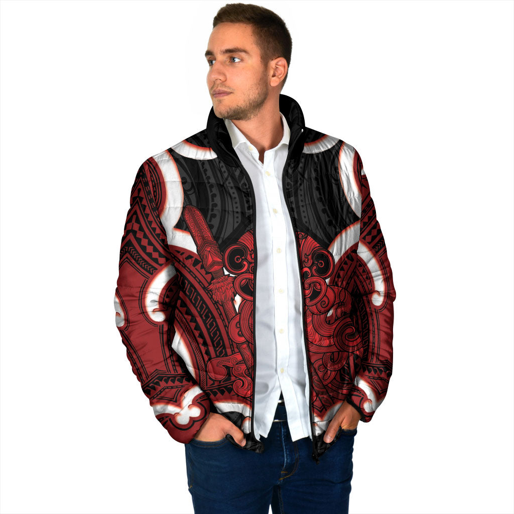 Whero Aotearoa Atua Tumatauenga Personalised Padded Jacket Maori God Of War Tiki With Taiaha LT14 - Polynesian Pride