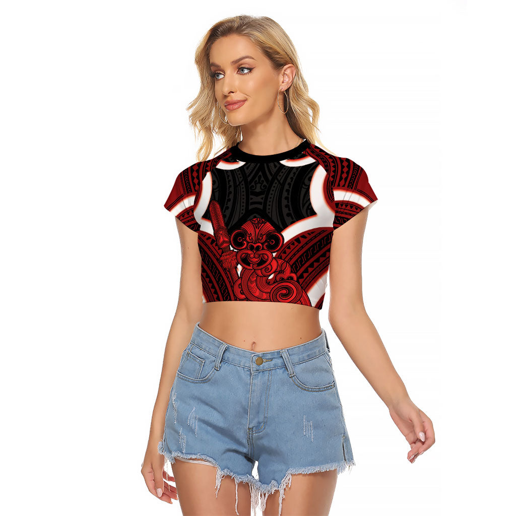 Whero Aotearoa Atua Tumatauenga Personalised Raglan Cropped T Shirt Maori God Of War Tiki With Taiaha LT14 Female Red - Polynesian Pride