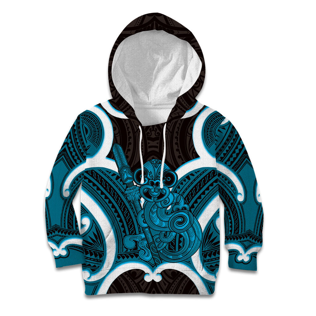 Kikorangi Aotearoa Atua Tumatauenga Personalised Kid Hoodie Maori God Of War Tiki With Taiaha LT14 Hoodie Blue - Polynesian Pride