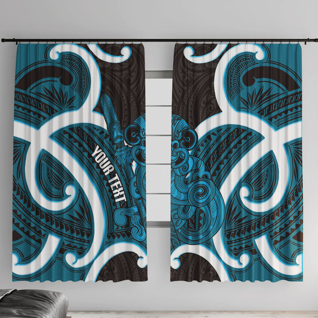 Kikorangi Aotearoa Atua Tumatauenga Personalised Window Curtain Maori God Of War Tiki With Taiaha LT14 With Hooks Blue - Polynesian Pride