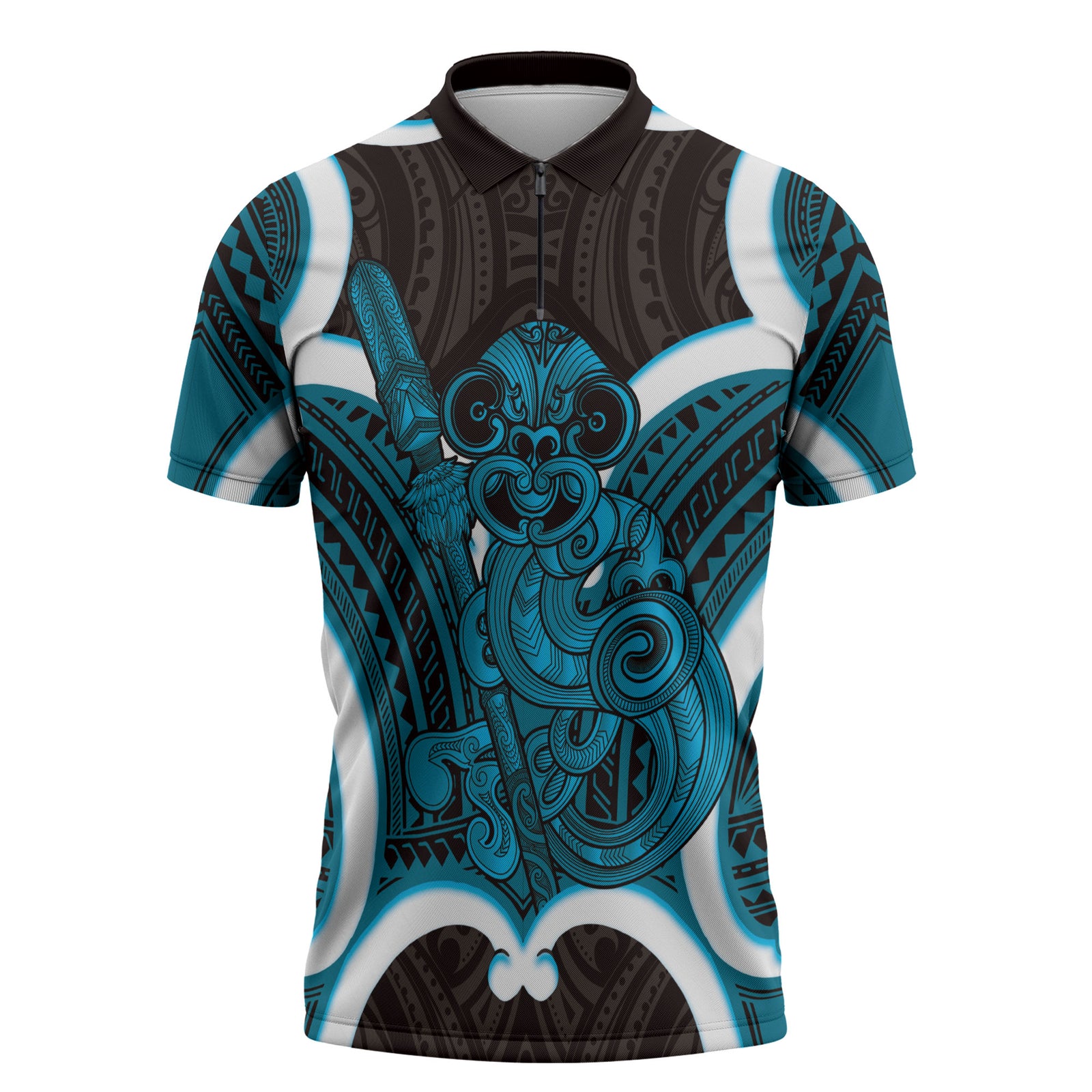Kikorangi Aotearoa Atua Tumatauenga Personalised Zipper Polo Shirt Maori God Of War Tiki With Taiaha LT14 Blue - Polynesian Pride