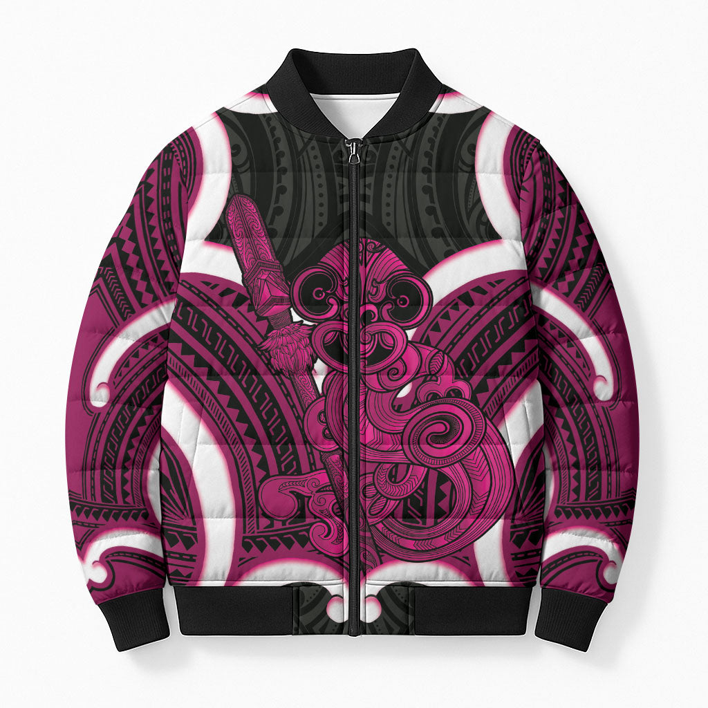 Mawhero Aotearoa Atua Tumatauenga Personalised Bomber Puffer Jacket Maori God Of War Tiki With Taiaha LT14 Unisex Pink - Polynesian Pride