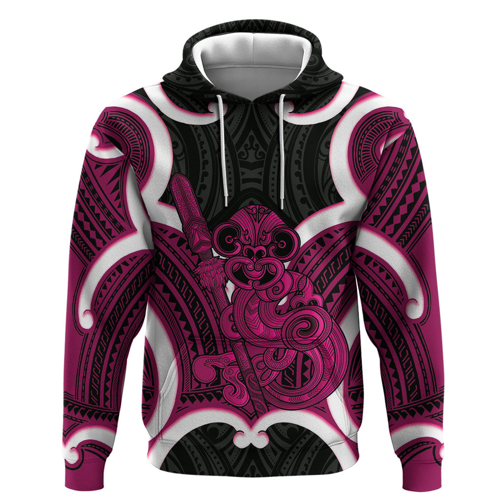 Mawhero Aotearoa Atua Tumatauenga Personalised Hoodie Maori God Of War Tiki With Taiaha LT14 Pullover Hoodie Pink - Polynesian Pride