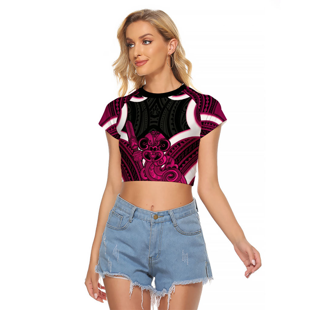 Mawhero Aotearoa Atua Tumatauenga Personalised Raglan Cropped T Shirt Maori God Of War Tiki With Taiaha LT14 Female Pink - Polynesian Pride