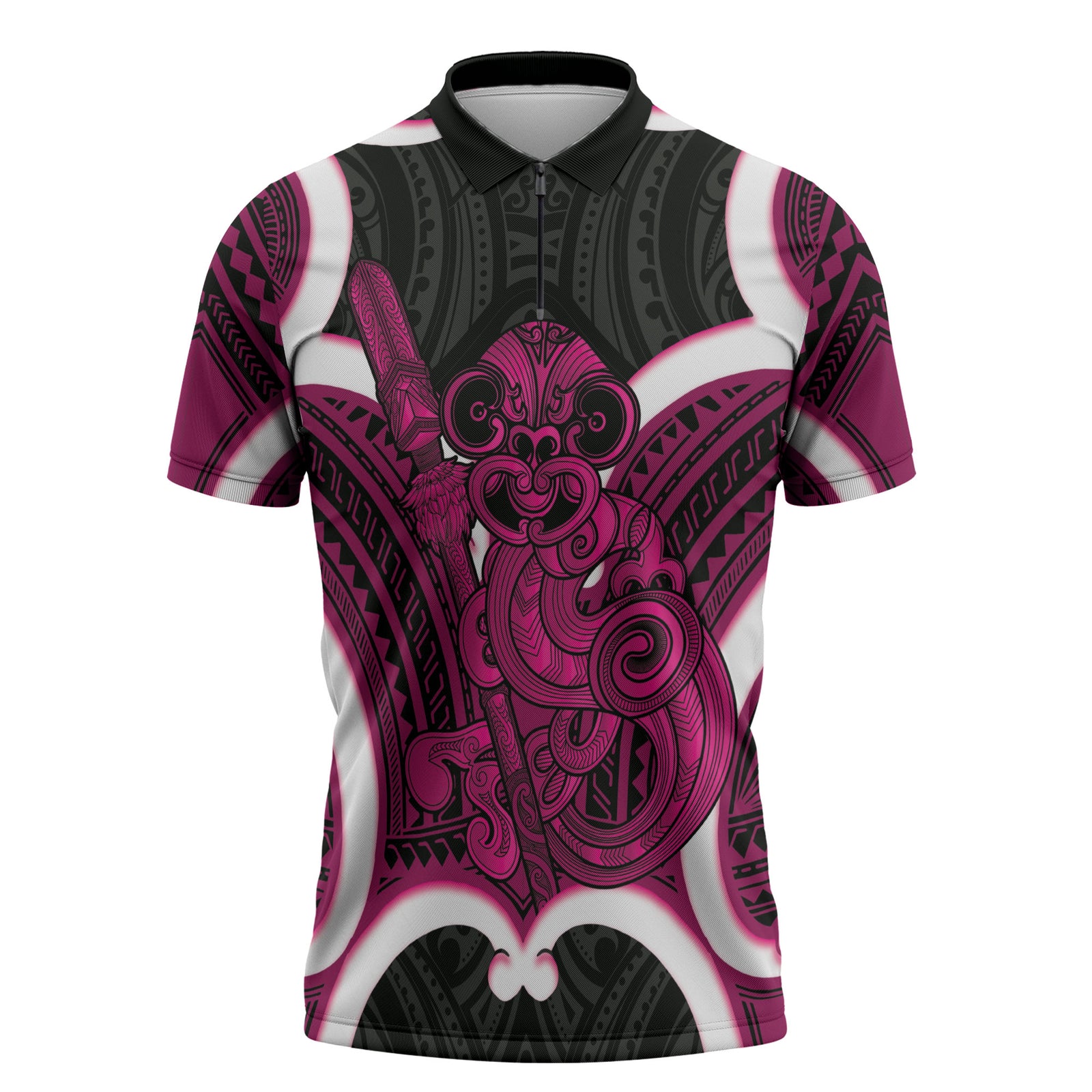 Mawhero Aotearoa Atua Tumatauenga Personalised Zipper Polo Shirt Maori God Of War Tiki With Taiaha LT14 Pink - Polynesian Pride