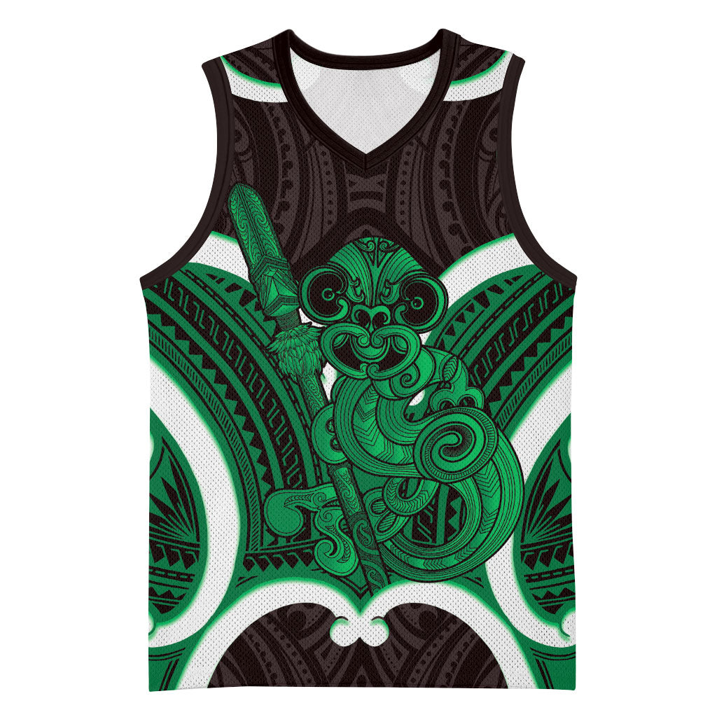 Kakariki Aotearoa Atua Tumatauenga Personalised Basketball Jersey Maori God Of War Tiki With Taiaha LT14 Unisex Green - Polynesian Pride