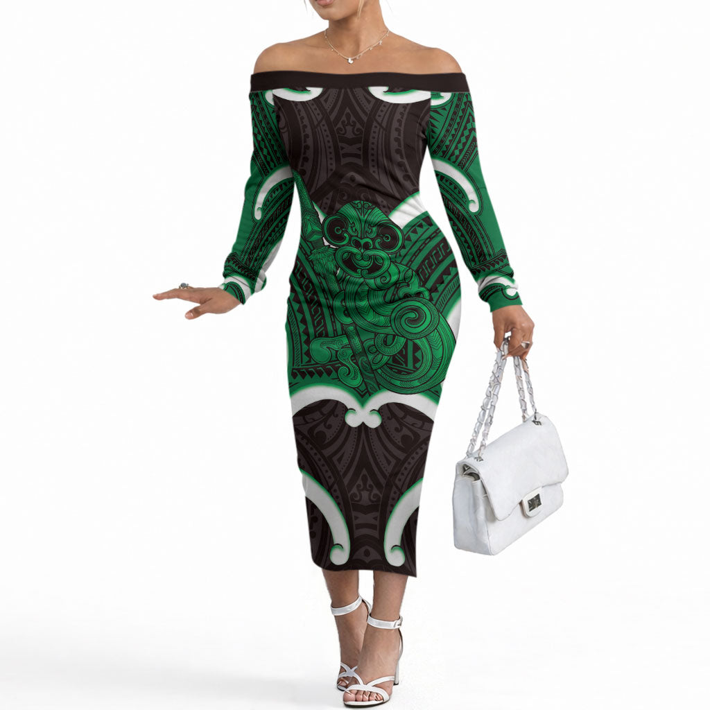 Kakariki Aotearoa Atua Tumatauenga Personalised Off The Shoulder Long Sleeve Dress Maori God Of War Tiki With Taiaha LT14 Women Green - Polynesian Pride